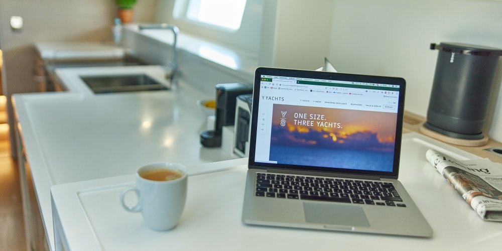 Y8 luxury carbon yacht Vegas Baby pantry with macbook